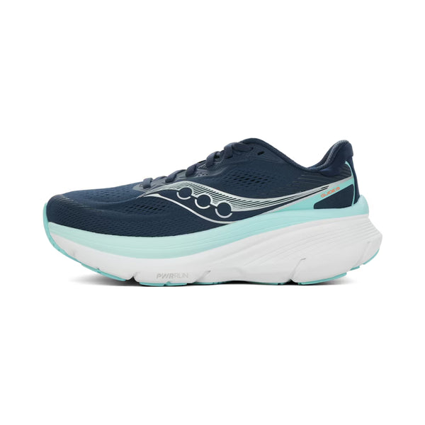 Saucony Guide 19 Dame i Navy/Aqua har en tyk hvid og lyseblå sål, sølvfarvede bølgedetaljer og en overdel i åndbart mesh, der giver ideel støtte til overpronation.