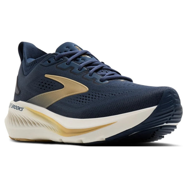 Brooks Glycerin GTS 23 til herrer i Blue/Spellbound/Starfish har guldfarvede detaljer, en hvid polstret sål og GuideRails-støtte. Vises vinklet på en almindelig hvid baggrund - ideel løbesko herre til komfort og stabilitet.