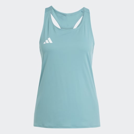 Adidas Adizero E Tank til kvinder i Powtea har et ærmeløst racerback-design og hvidt logo på venstre bryst, vist mod en almindelig hvid baggrund.