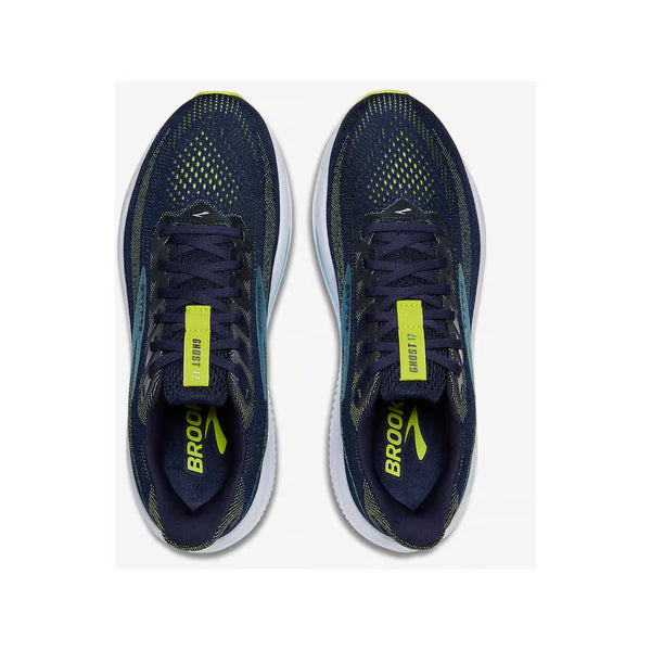 Et par Brooks Ghost 17 løbesko herre i Peacoat/Lime/Blue med hvide såler, set ovenfra. På indlægssålerne står der "BROOKS", og på pløsen er der lime GLYCERIN-mærker. Disse sko giver komfort og stabilitet.