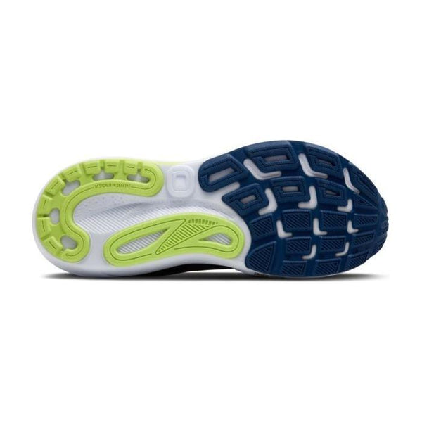 Billedet viser sålen på Brooks Adrenaline GTS 24, Herre, Navy Peony/Black/Acid Lime, med blå og acid lime-profil på en hvid bund, der giver stabilitet, greb og fleksibilitet ved hvert skridt.