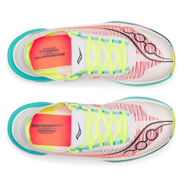 Topbillede af Saucony Endorphin Elite 2 løbesko i White/Mutant, unisex-stil, med neongule snørebånd, blågrønne og orange detaljer, sorte logodetaljer på siden og indersåler med ENDORPHIN SPEEDROLL Saucony-tekst.