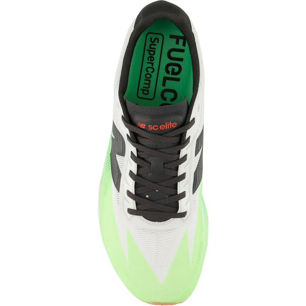 New Balance Fuelcell Supercomp Elite V5 (Herre) i White/Mint Flash EKIDEN set ovenfra, med sorte snørebånd og sidestriber, grøn indersål og "sc elite" i rødt på tungen - ideel til maratonløb.