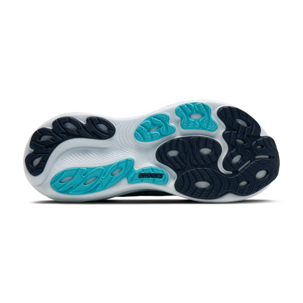 Billedet viser sålen på en Brooks Adrenaline GTS 25, Herre (Spellbound/Moonlight/Ipanema) med hvid bund, blågrønne accenter, sorte slidbanemønstre i bølgede former og "BROOKS" i hævet skrift.