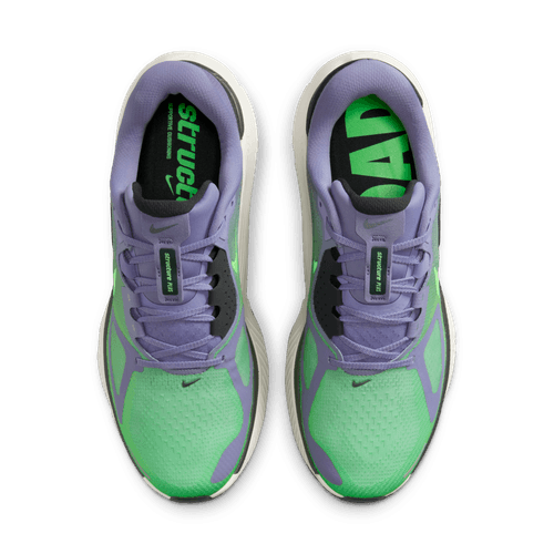 Nike Structure Plus løbesko til herrer i Iron Purple/Voltage Green-Off Noir-Sail har grønne tæer og sider, lilla snørebånd og tunger, sorte detaljer, fede grønne indlægssåler, ReactX-skum for komfort og det karakteristiske Nike-logo.