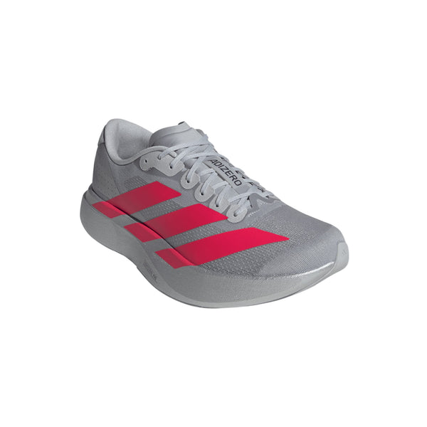 Adidas Adizero Evo SL løbesko til herre i Silvmt/Lucred/Ironmt har tre knaldrøde striber, grå snørebånd og en tyk Lightstrike Pro sål, vist på en lys baggrund.