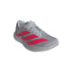 Adidas Adizero Evo SL løbesko til herre i Silvmt/Lucred/Ironmt har tre knaldrøde striber, grå snørebånd og en tyk Lightstrike Pro sål, vist på en lys baggrund.