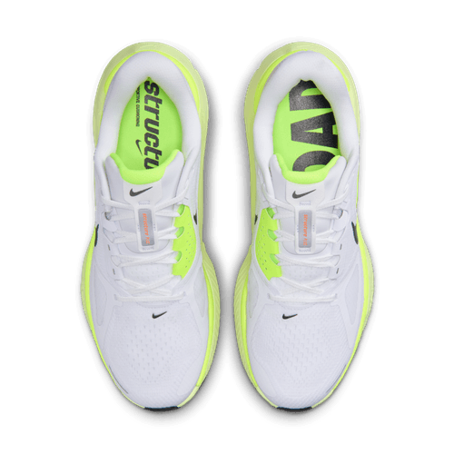 Et par Nike Structure Plus løbesko til mænd i White/Black-Pure Platinum-Volt med neongule detaljer og synlige logoer. Set ovenfra står der "structu" (til venstre) og "ROAD" (til højre) på indlægssålerne. ReactX-skumteknologi giver ekstra stabilitet.