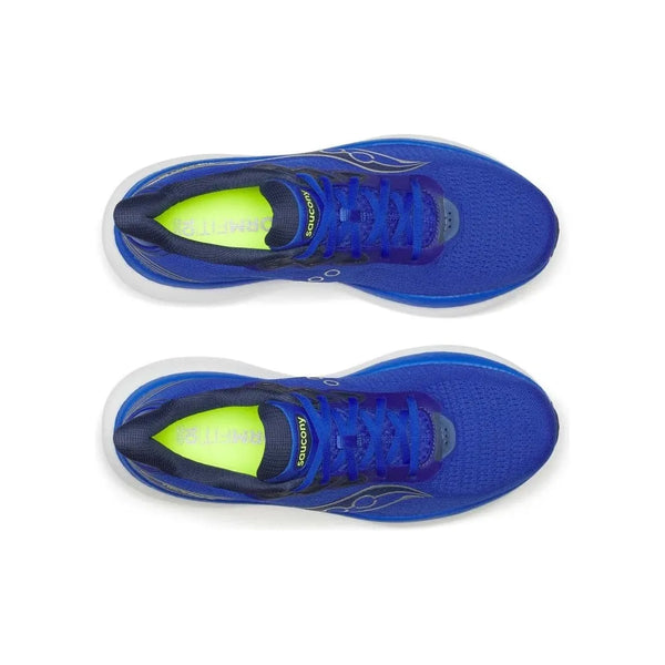 Et par Saucony Triumph 23 Herre løbesko i Lapis/Silver med hvide såler og neongule indlægssåler for maksimal komfort, set ovenfra mod en hvid baggrund.