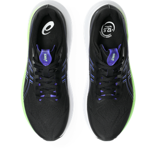 Top-down view af ASICS Gt-2000 14 herre løbesko i Black/Cobalt Burst, der viser størrelsesinfo og brandlogo på indersålen og tungen.