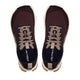 Et par Altra Lone Peak 9+ Dame-sko i rødbrun, set ovenfra, med beige og marineblå detaljer, beige snørebånd, mørke såler og Altra-logoet synligt på indersålen og tungen.