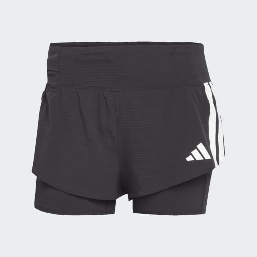 Adidas Adizero 2I1 Shorts til kvinder i sort har et indvendigt kompressionslag, tre hvide striber på højre side og et hvidt Adidas-logo på undersiden - ideelt til løb.