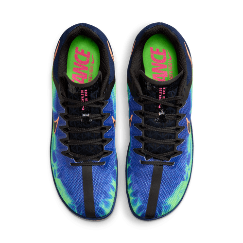 Et par Nike Rival Distance unisex-løbesko i Dark Obsidian/Black "GLAM" vises ovenfra på en almindelig hvid baggrund.