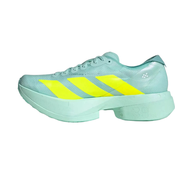 Adidas Adizero Adios Pro 4 Dame i Semi Flash Aqua med Lucid Lemon og Mint Ton-detaljer har en tyk sål, lyse sidestriber, snørelukning og geometrisk hæl - ideel til dit næste maraton.