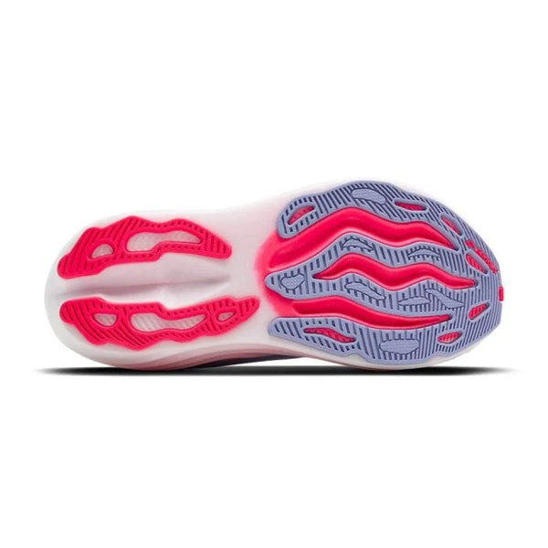Billedet viser sålen på Brooks Glycerin Max dame løbesko i Blue Heron/Diva Pink/White, med pink og lilla gummiprofil på en hvid bund for greb, med bølgede detaljer designet til maksimal komfort på hver løbetur.