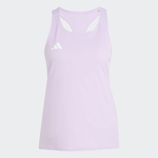 Adidas Adizero E Tank til kvinder i lyserød (Powplu) har en racerback, er lavet af hurtigtørrende materiale og har et lille hvidt Adidas-logo på venstre bryst. Vist mod en almindelig hvid baggrund.