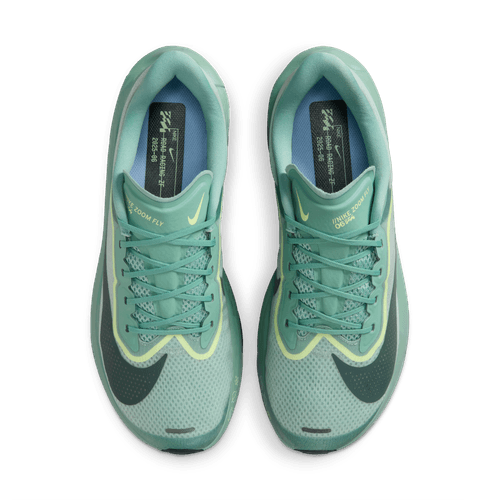 Et par Nike Zoom Fly 6 løbesko herre i Cannon/Seaweed-Light Silver-Cobalt Bliss set fra oven, med snørebånd, overdel i mesh, mellemsål i cushlon-skum, stor sort swoosh på tåen og synlige indersåler med branding.