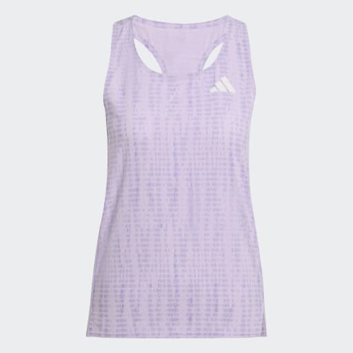 Adizero Singlet Dame i Powplu/Maglil fra Adidas er en lyslilla racerback-tank med en subtil struktur og hvidt logo. Denne svedtransporterende top er perfekt til løb og højintensiv træning.
