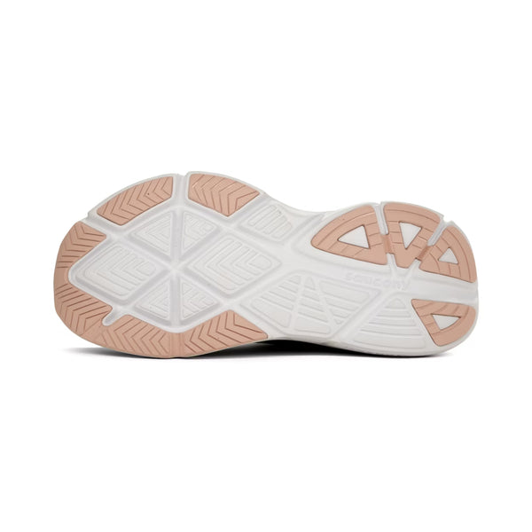 Billedet viser ydersålen på Saucony Guide 18 Dame i Mist/Aloe, som har en hvid sål med pink-tan accenter på tå og hæl. Dens geometriske mønster er designet til stødabsorbering og forbedret stabilitet.