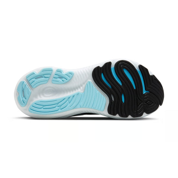 Billedet viser sålen på Brooks Glycerin GTS 22 løbesko herre i Black/Atomizer/Blazing Orange, som har en bølget profil med hvidt, lyseblåt og sort gummi, der giver stabilitet, greb og støtte til foden.