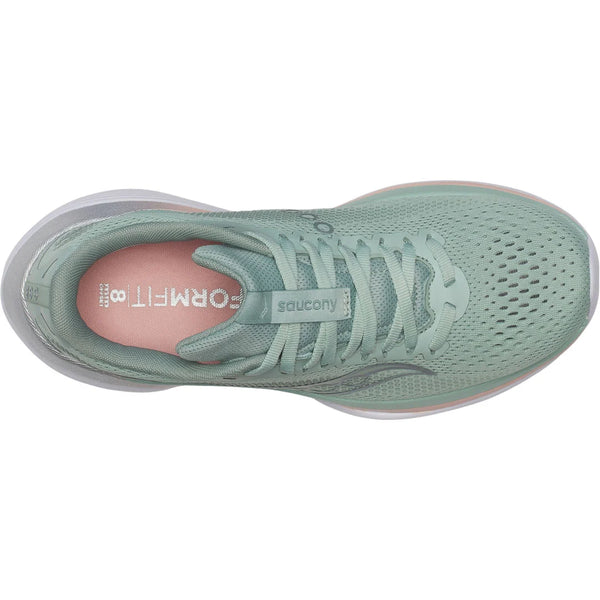 Saucony Endorphin Trainer, Dame in Aloe set ovenfra: mintgrøn løbesko med hvid mellemsål, PWRRUN PB-dæmpning, pink indersål mærket "FORMFIT" og en overdel i perforeret mesh, der giver åndbarhed.