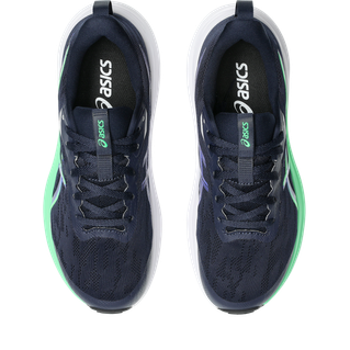 Et par Asics GT-1000 14 PS løbesko til børn i Midnight/Vital Green, med sorte snørebånd, hvide såler og grønne detaljer vist ovenfra på en hvid baggrund. Perfekt som støttende sko til børn.