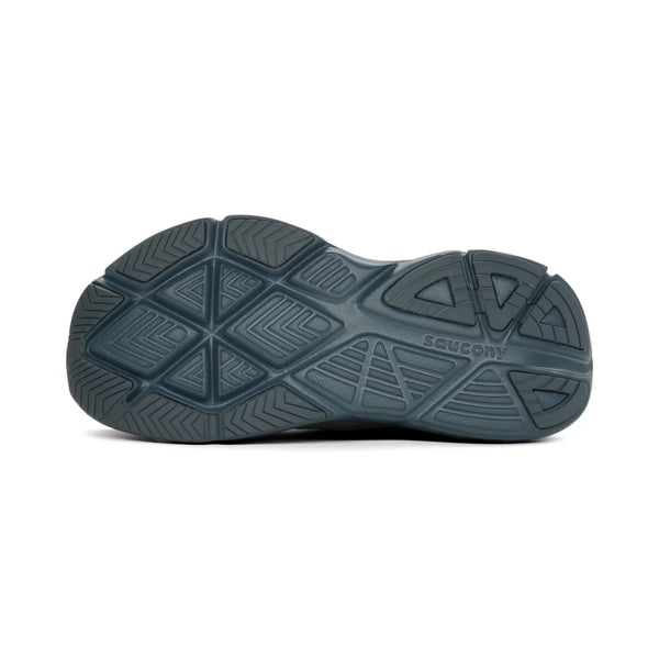 Nærbillede af den mørkeblå gummisål på Saucony Guide 18, Herre, Fossil/Dusk, der fremhæver den geometriske slidbane, som giver et godt greb. PWRRUN-mellemsålen giver komfort på løbeturen, og Saucony-mærket er synligt på højre side.