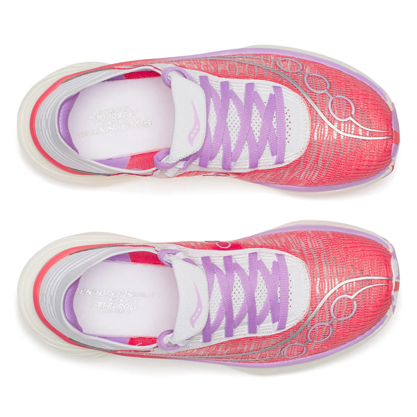 Saucony Endorphin Elite 2 unisex-løbesko i Coral/White set ovenfra med mesh-overdel, PWRRUN HG-støddæmpning, lilla snørebånd og hvide såler - ideelle til løb med elegante designdetaljer på overdel og pløs.