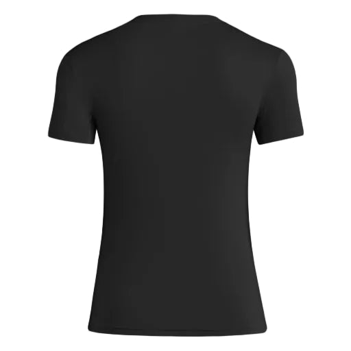 Adidas Adizero E Tee til kvinder i sort er en tætsiddende, kortærmet crewneck t-shirt lavet af hurtigtørrende materiale, vist fra bagsiden med optimal ventilation og ingen synlige logoer, mønstre eller designs.