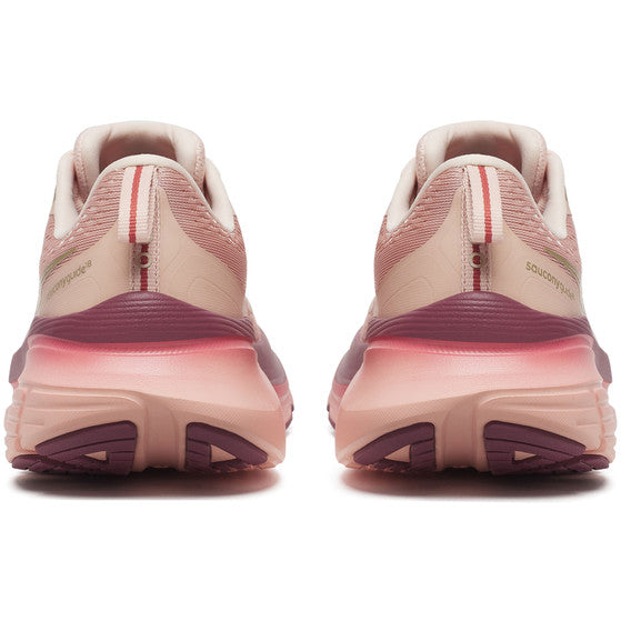 Saucony Guide 18 Dame-løbeskoene i Cameo/Terra er vist bagfra, hvor hælene, sålerne og de bageste trækflige er fremhævet mod en hvid baggrund.