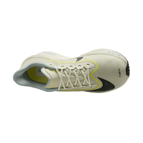 Topbillede af en enkelt Nike Zoom Fly 6, Herre (Sea Glass/Sequoia-Ultralime-Phantom) med hvide snørebånd, sort mellemsålsaccent og gule sidedetaljer på en almindelig hvid baggrund. Har responsiv mellemsål.