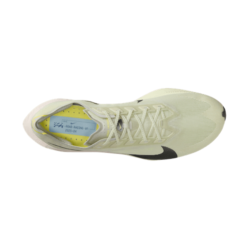 Topbillede af en Nike Vaporfly Next% 4 Herre løbesko i Sea Glass/Sequoia-Ultralime-Phantom med hvide snørebånd, sort swoosh, ZoomX-mellemsål og gul indersål med synlig skrift på en almindelig hvid baggrund.