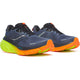 Saucony Guide 18 Herre i Shadow/Vizi har atletisk mørkeblå mesh-overdel, sorte snørebånd, lysende orange og neongule såler og fremtrædende Saucony-logoer på siderne.