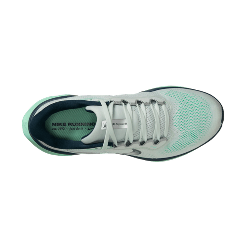 Topbillede af Nike Pegasus 41 dame løbesko i Ghost Aqua/Metallic Silver-Mint Foam, med hvide snørebånd, åndbar mesh-overdel, NIKE RUNNING-tekst på indersålen og React-skum for støddæmpende komfort.