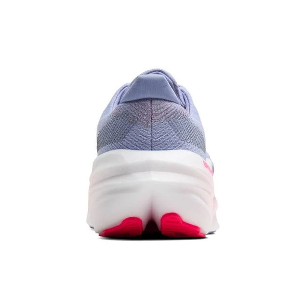 En bagside af Brooks Glycerin Max løbesko dame i Blue Heron/Diva Pink/White med blå overdel, hvid mellemsål og pink detaljer for maksimal komfort, fotograferet mod en hvid baggrund.
