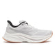 Saucony Endorphin Speed 5, Herre, Hvid/Gummi: En hvid løbesko til tempo- og distancetræning med mesh-overdel, sort inderfor, hvide snørebånd, tyk hvid sål med lysebrun ydersål samt diskret branding og tekstureret mellemsålsdesign.