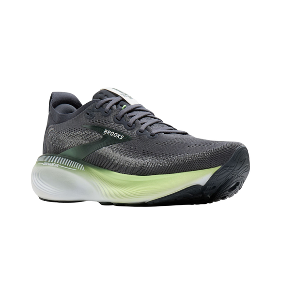 Brooks Adrenaline GTS 25, herresko, i farvekombinationen grå/paradisgrøn/gran har en overdel i mesh, grønne detaljer, en tyk hvid og grøn sål med farveovergang, Brooks-logo samt en struktureret sort ydersål, der sikrer stabilitet.
