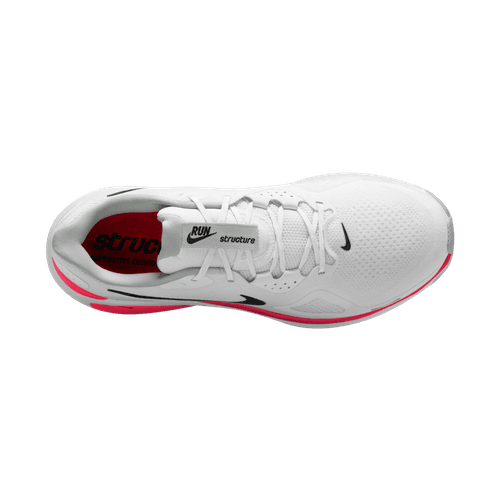 Topbillede af Nike Structure 26 Herre i White/Black-Bright Crimson-Photon Dust, en stabil løbesko med perforeret tå, hvide snørebånd, pink og sorte detaljer og "structure" og "RUN" synlige på den røde indersål.