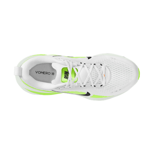 Topbillede af Nike Vomero 18, Herre i White/Black-Volt-Barely Volt med sorte swoosh-logoer, grønne detaljer, hvide snørebånd, overdel i mesh og "VOMERO 18" på indersålen - ideel til komfortløbræning mod en lys baggrund.