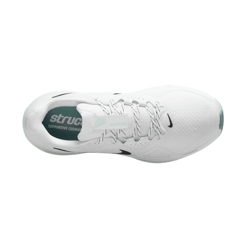 Topbillede af Nike Structure 26 Dame i White/Black-Barely Green-Mint Foam med hvide snørebånd, sort swoosh, grøn "struct SUPPORTIVE CUSHION"-mærkat på indersålen, overdel i mesh og lysegrønt mærke på tungen.
