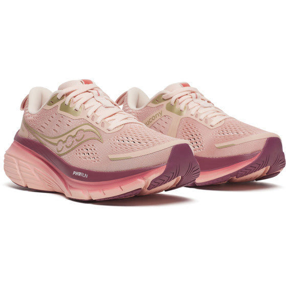 Saucony Guide 18 Dame løbesko i Cameo/Terra har overdel i mesh, tykke stødabsorberende såler og snørelukning, her vist på en hvid baggrund.