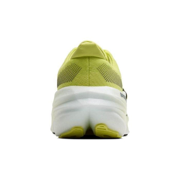 En bagside af Brooks Glycerin Max Dame i Sunny Lime/Black/White med en tyk hvid sål vises mod en almindelig hvid baggrund - denne neutrale løbesko giver maksimal komfort til hverdagens løbeture.