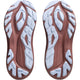 Et par Asics Gt-2000 14 Tr Dame-såler i Nature Bathing/Dark Red Planet er vist side om side, vendt opad, med hævede hvide bølgelignende slidbanemønstre for forbedret greb og trækkraft.