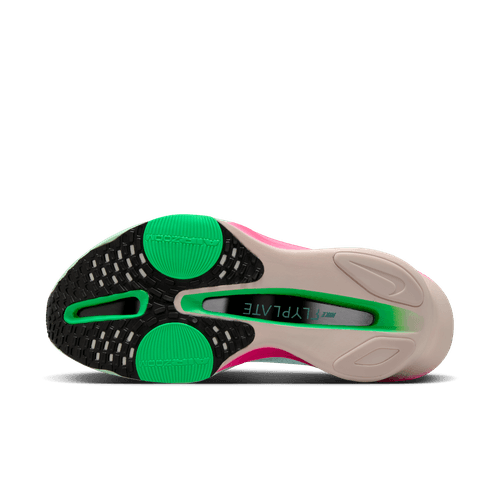 Nike Alphafly Next% 3, Herre, Glacier Blue/Black-Mint Foam-Green Shock har en hvid, sort og grøn gummiydersål med to grønne greb, synlig FLYPLATE-støddæmpning og responsiv ZoomX-skum for toppræstation.