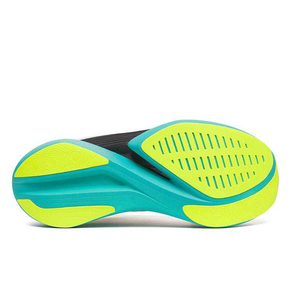 Et nærbillede af Saucony Endorphin Elite 2-sålen i White/Mutant viser dristige gule og blågrønne detaljer med riller og teksturer, der giver greb. Denne unisex-løbesko kombinerer stil og greb.