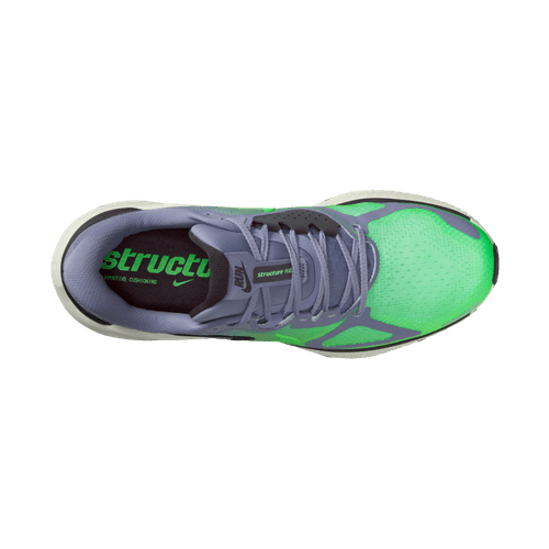 Nike Structure Plus Herre løbesko i Iron Purple/Voltage Green-Off Noir-Sail set oppefra med grøn mesh-tå, grå pløs og snørebånd, "structu" i grønt på indersålen, ReactX-skum for stabilitet og en hvid ydersål på hvid baggrund.