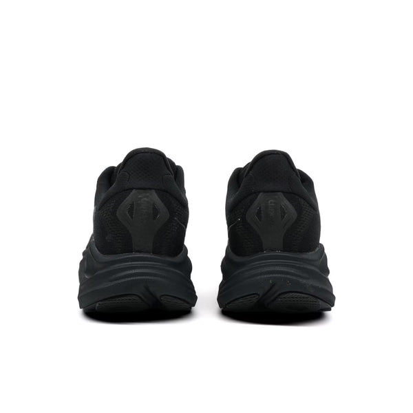 Et par Hoka Clifton 10 Dame Black/Black løbesko er vist bagfra, side om side, mod en hvid baggrund.