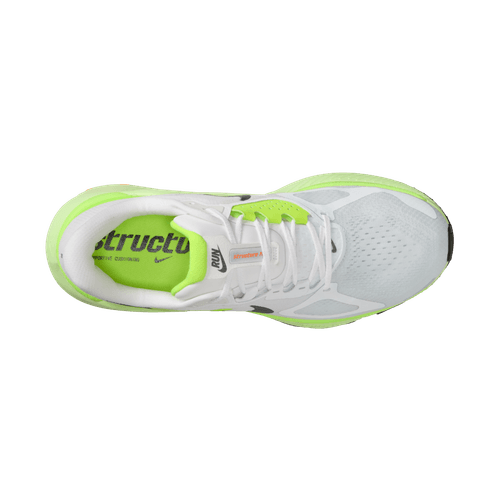 Top-down view af en hvid Nike Structure Plus løbesko (Herre, White/Black-Pure Platinum-Volt) med neongrønne accenter. "Structure" står der på den grønne indersål, som fremhæver ekstra stabilitet og ReactX-skumdæmpning.