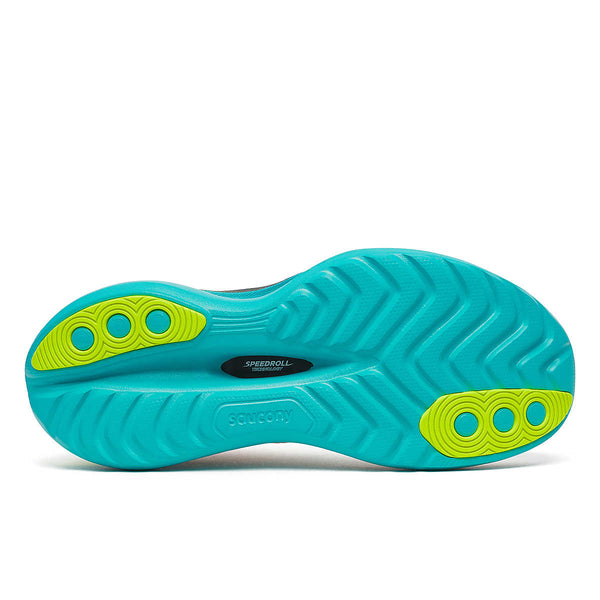 Undersiden af Saucony Endorphin Trainer Herre White/Mutant har en lyseblå sål med gule trædepuder ved hæl og tå, en sort oval midt på foden med betegnelsen Speedroll og bølgede slidbanemønstre overalt.