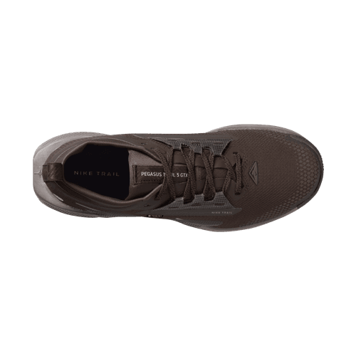Topbillede af en Nike Pegasus Trail 5 Gore-Tex trailsko dame i Ironstone/College Grey-Velvet Brown mod en almindelig hvid baggrund.